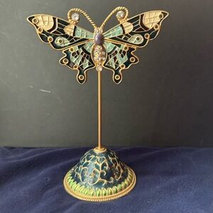 Butterfly Earring Holder Enamel & Rhinestone Gold Tone Metal Stand Blue Purple